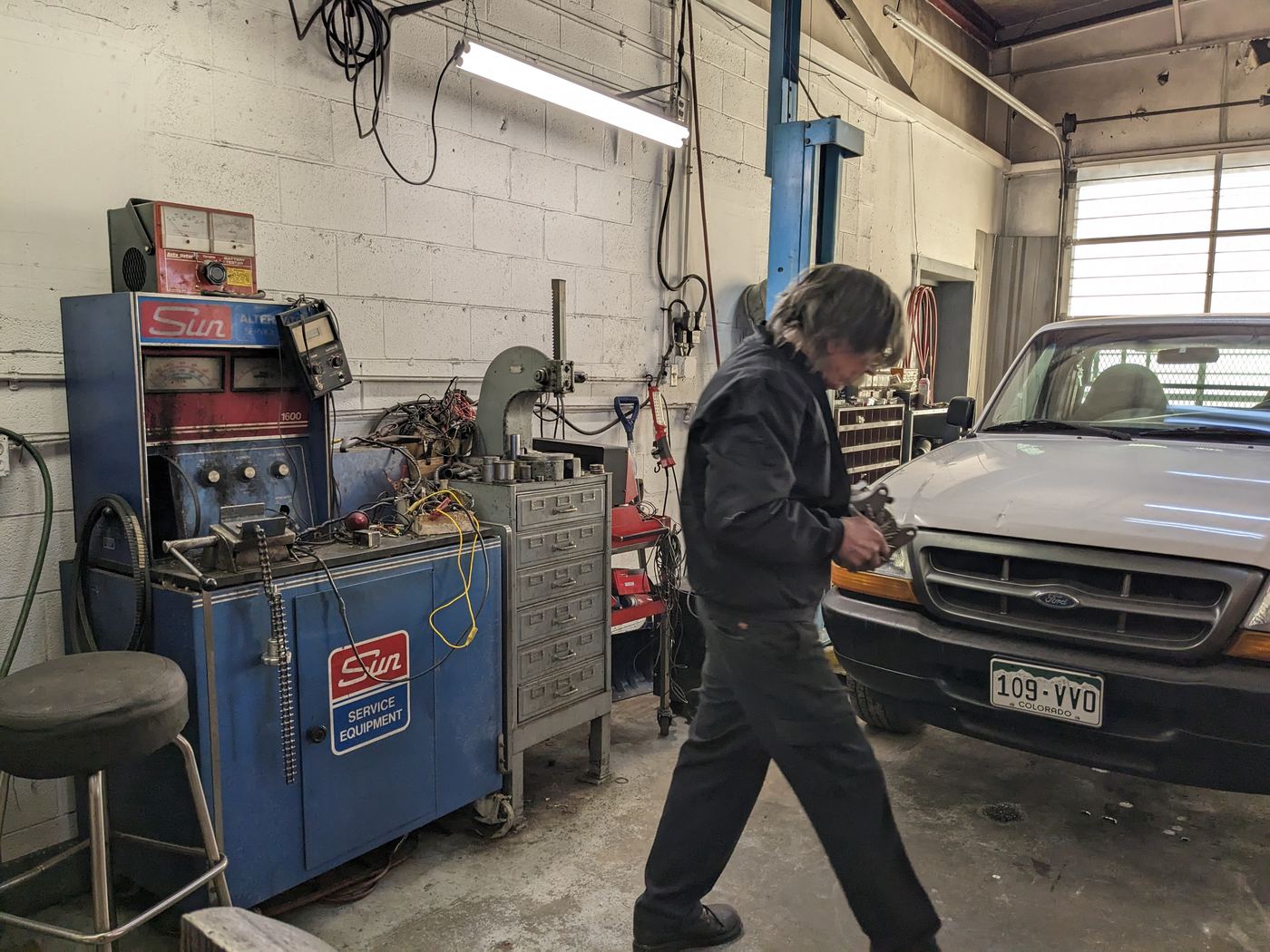The Sun test bench in the D&D Auto Electric shop